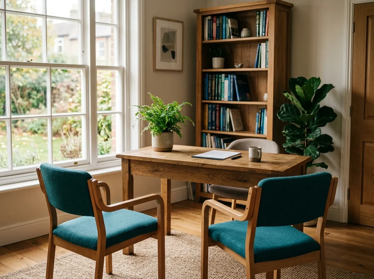 Wooden desk and two teal armchairs in a consultation room with a bookshelf and a large window.