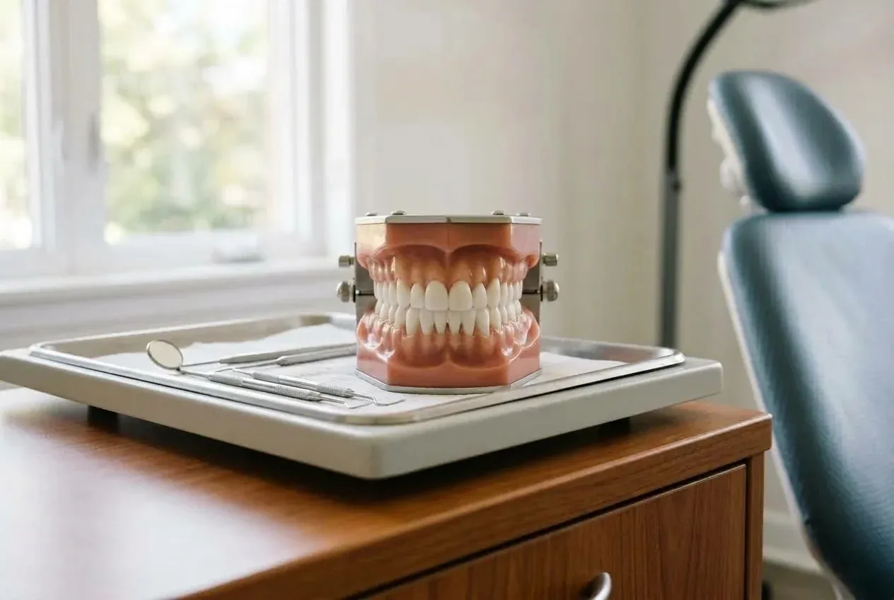 Dental model with straight, aligned teeth and dental tools on a tray in a clinic room.