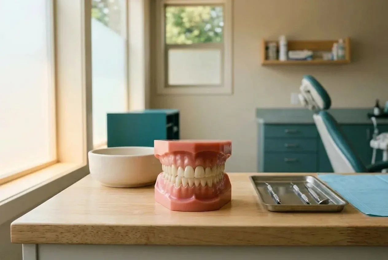 Dental model with straight, aligned teeth on a table beside dental instruments in a clinic.