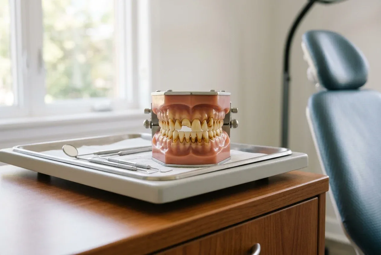 Dental model displaying chipped, stained teeth on a tray with dental instruments.