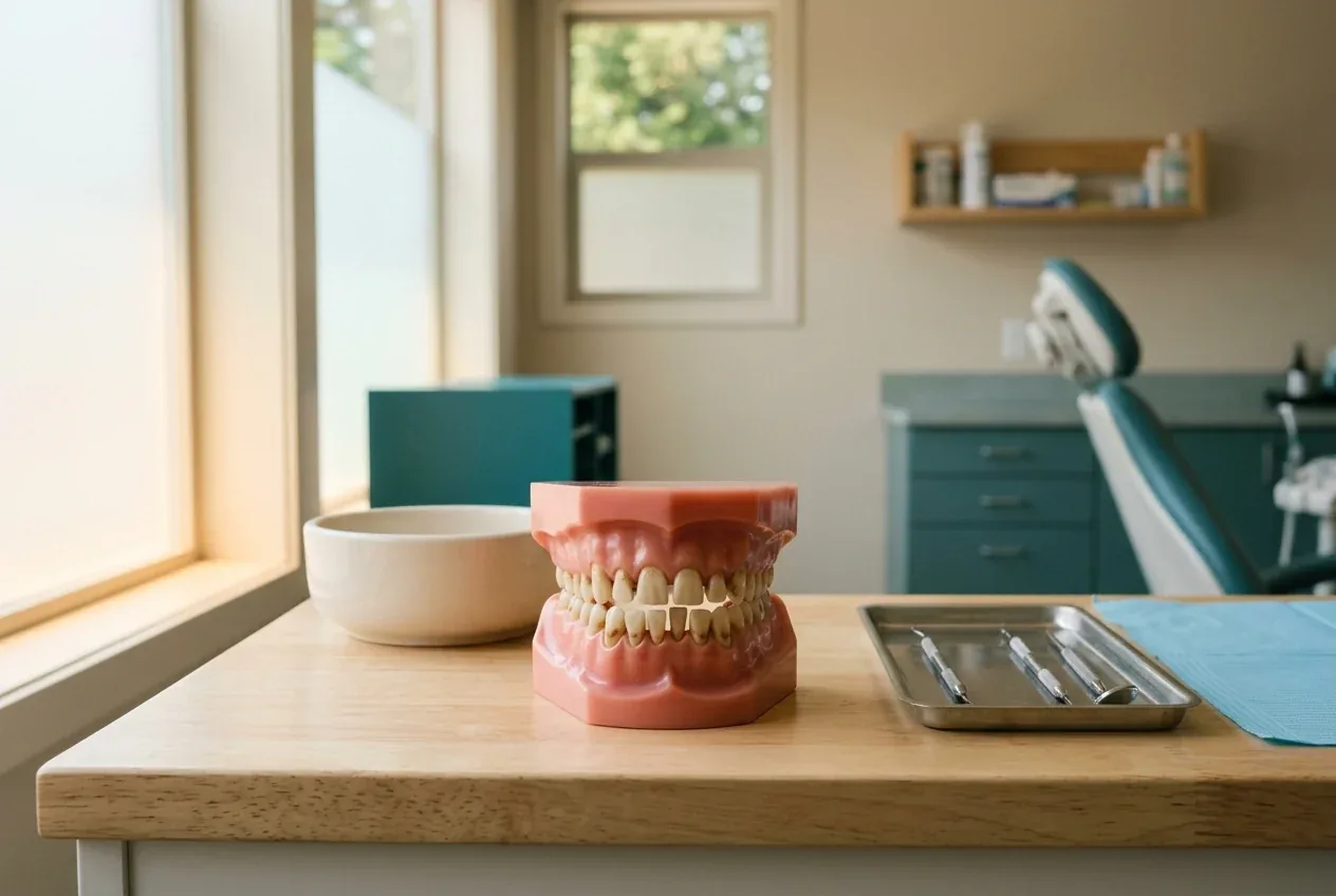 Dental model with stained, misaligned teeth on a table next to dental instruments.