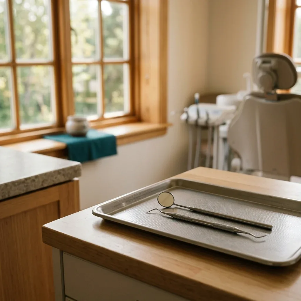 Dental mirror and explorer on a metal tray with a dental chair and window in the background.
