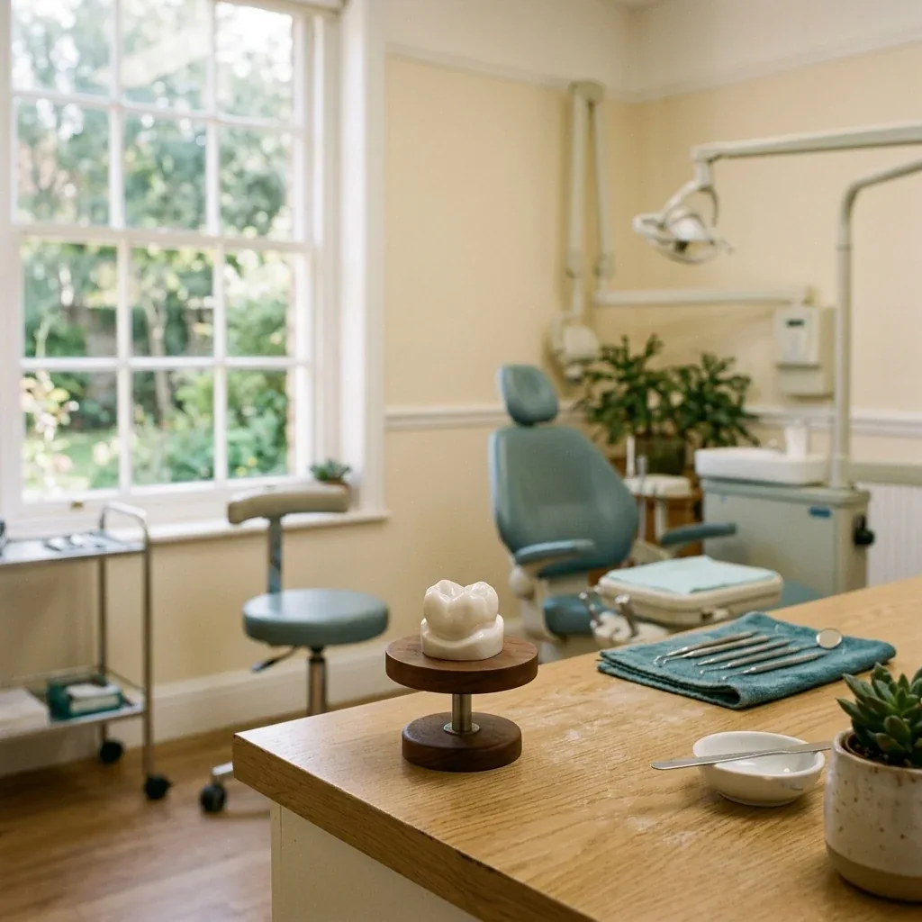 Model tooth and dental tools on a wooden counter with a dental chair and window in the background.