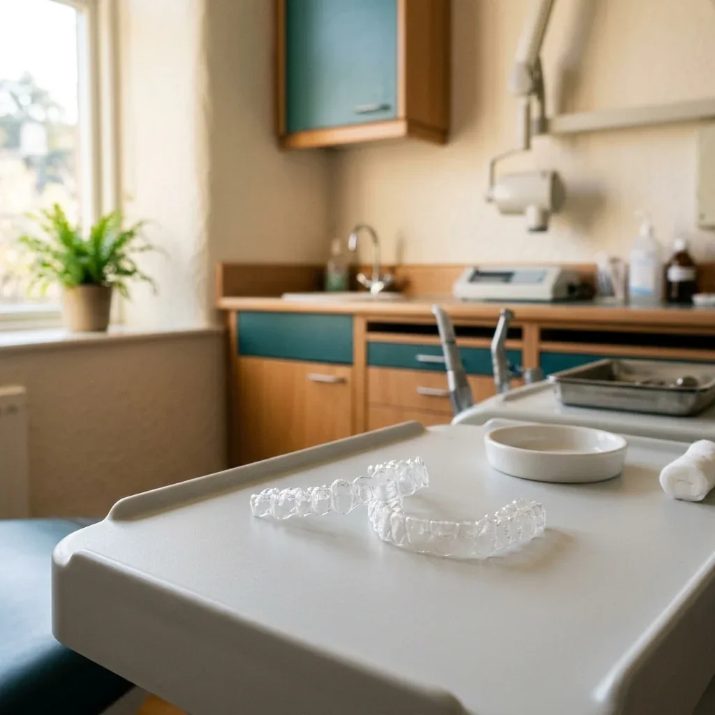 Clear orthodontic aligners resting on an instrument tray in a dental treatment room.
