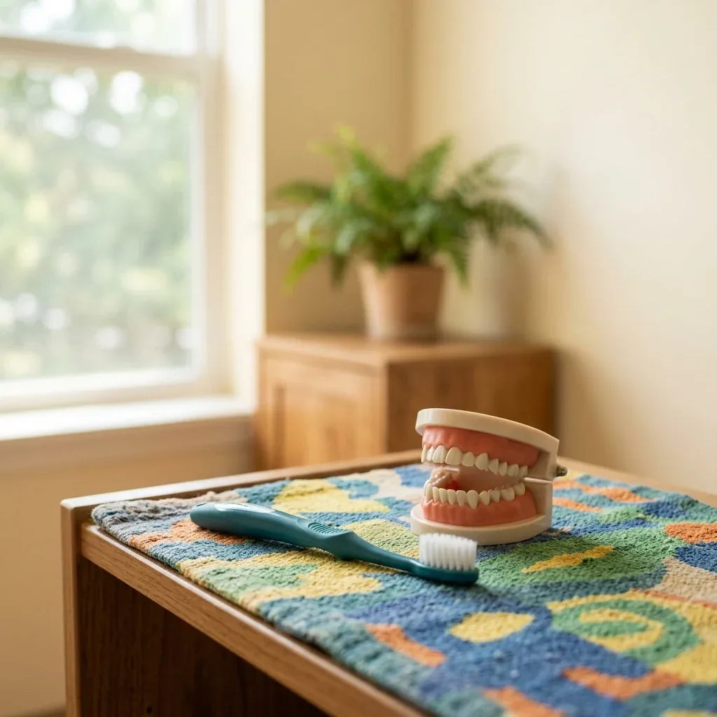 Teeth model and toothbrush on a colorful mat next to a window.