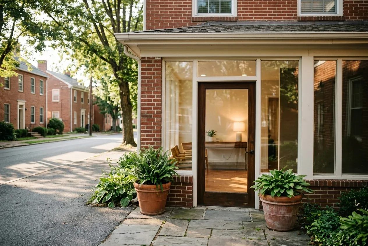 Brick building entrance with large glass windows, a glass door, and potted plants along a stone walkway.