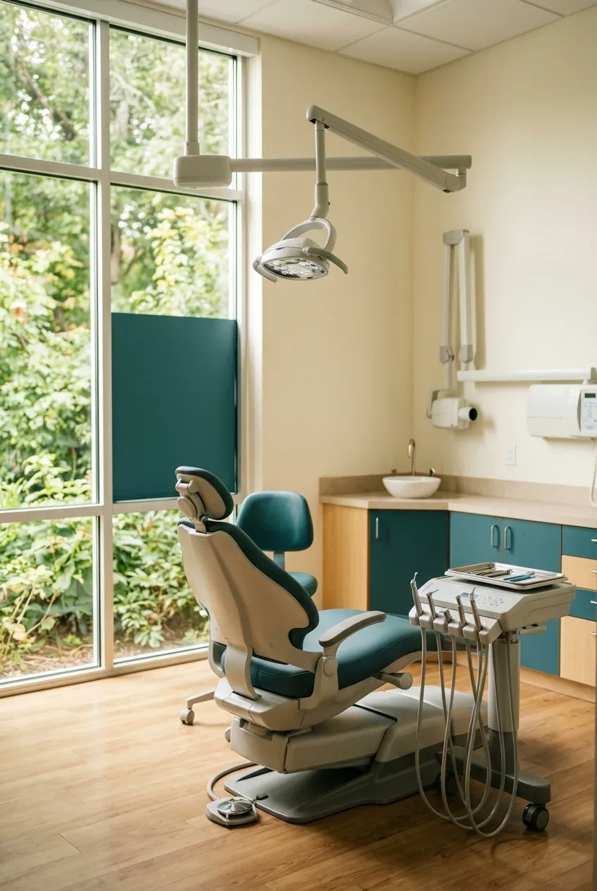 Dental chair, overhead light, and instrument cart beside large windows overlooking greenery.