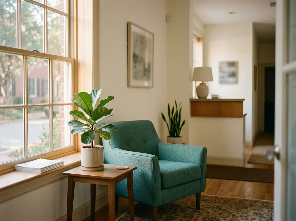 Waiting area with a teal armchair, potted plant by a window, and a reception desk in the background.