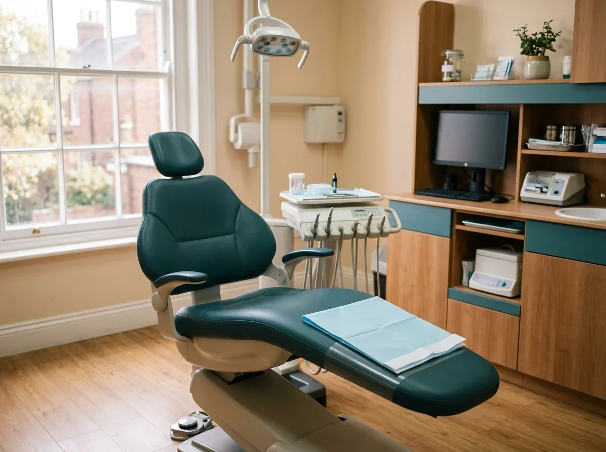Dental examination chair with an overhead light, instrument tray, and cabinetry by a window.