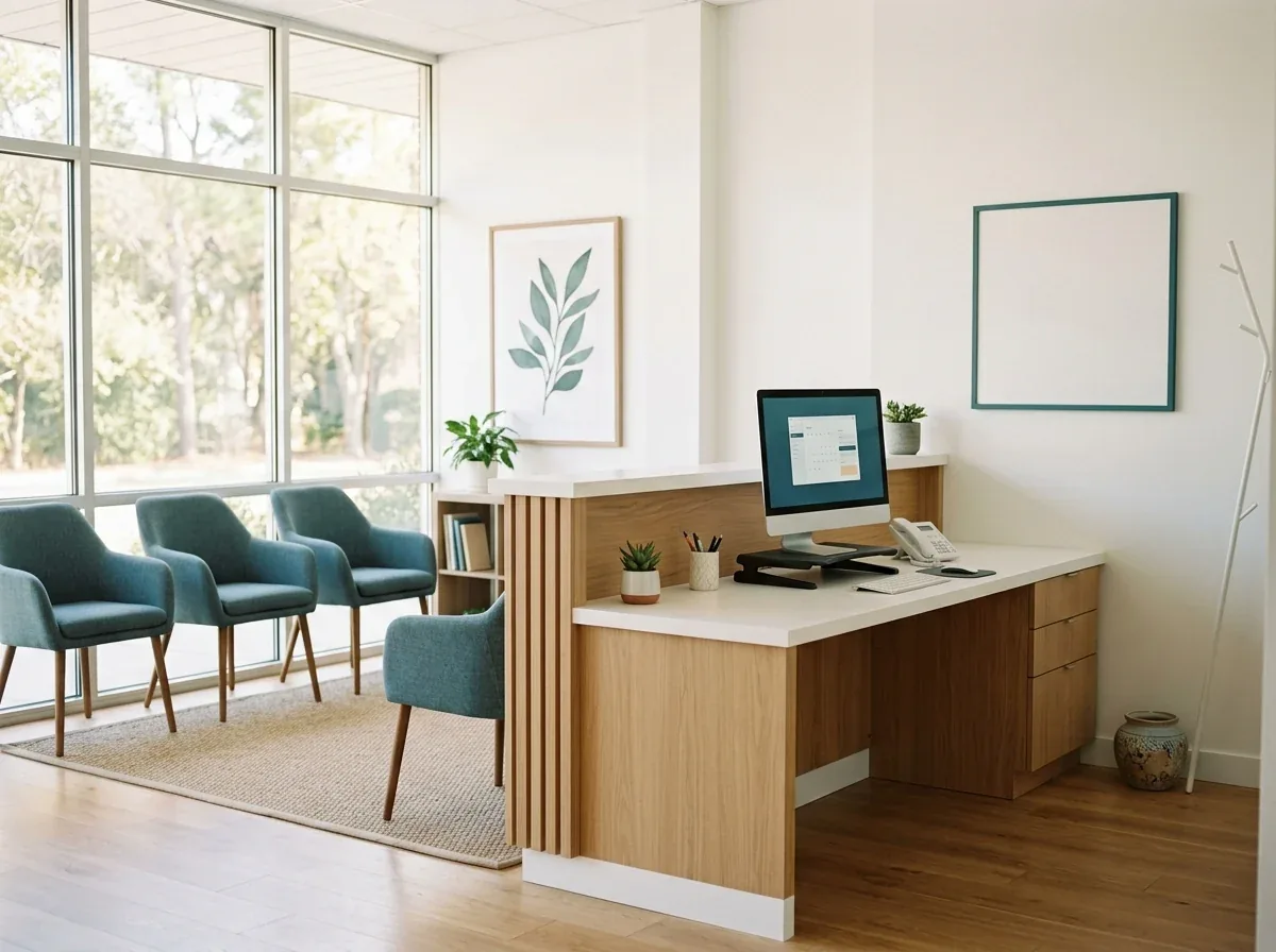 Reception desk with a computer monitor next to a waiting area with blue armchairs and large windows.