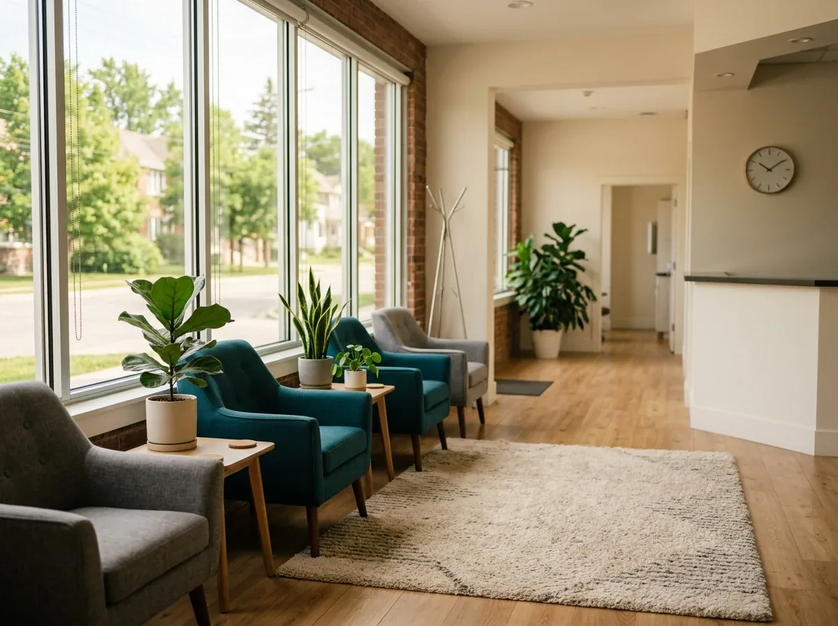 Dental clinic waiting room with armchairs, potted plants, large windows, and a reception desk.