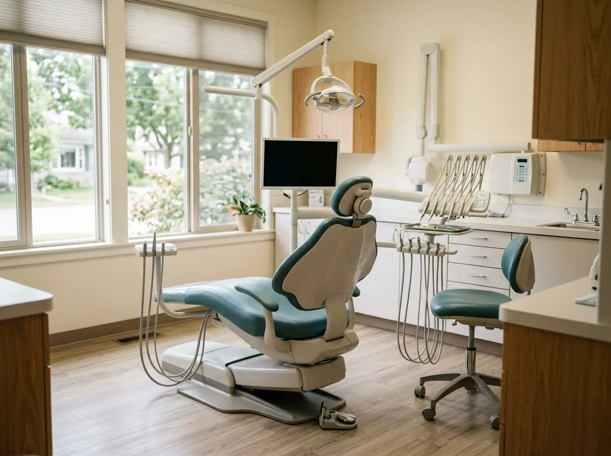 Dental treatment room with an examination chair, overhead light, dental instruments, and a window.