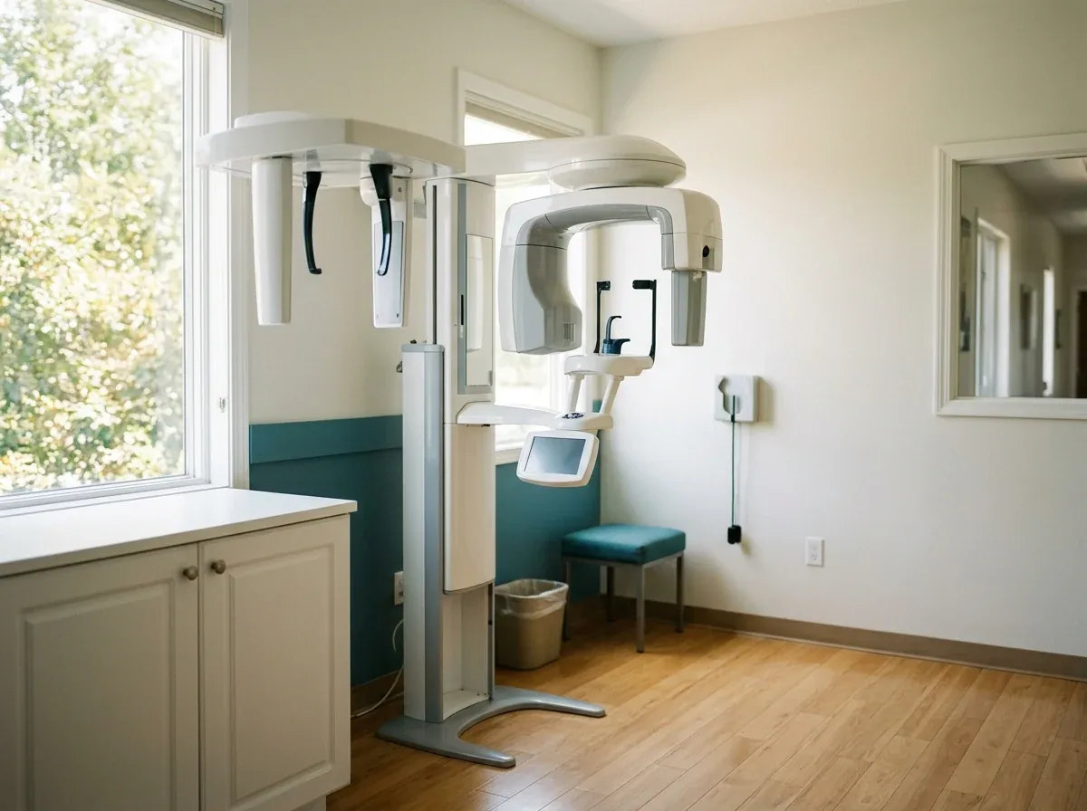 Panoramic dental X-ray machine in an examination room with wood flooring.