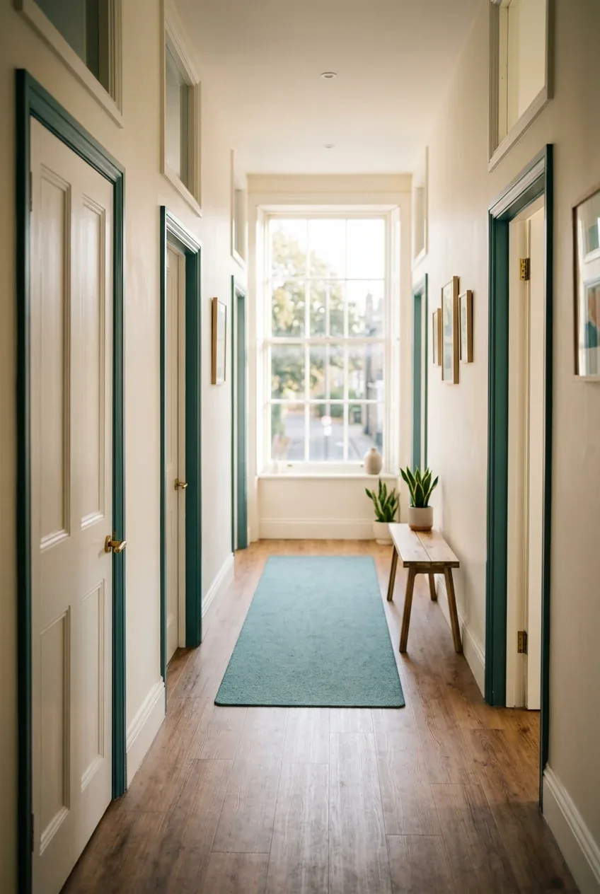 Bright hallway with teal door frames, a teal runner rug, potted plants on a wooden bench, and a large window.