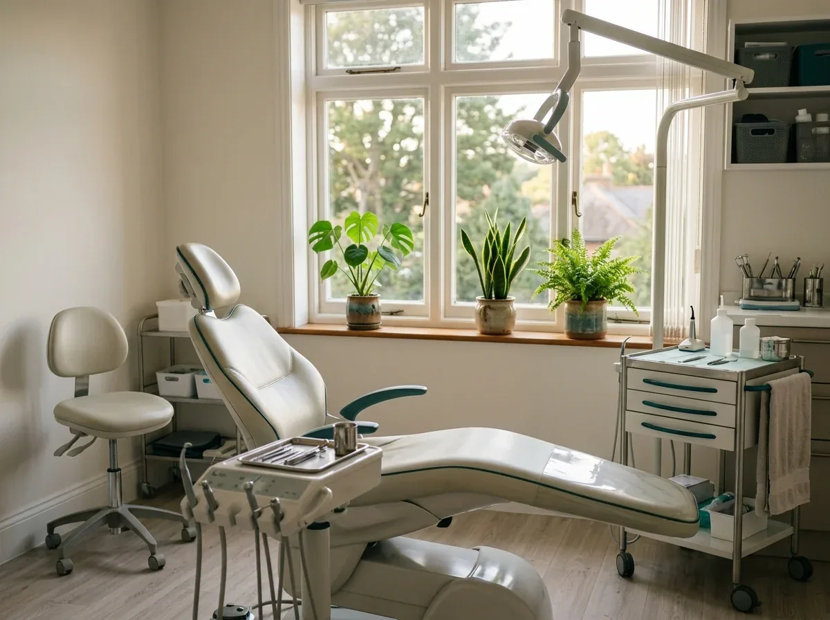 Dental chair and equipment in a treatment room beside a large window with potted plants.
