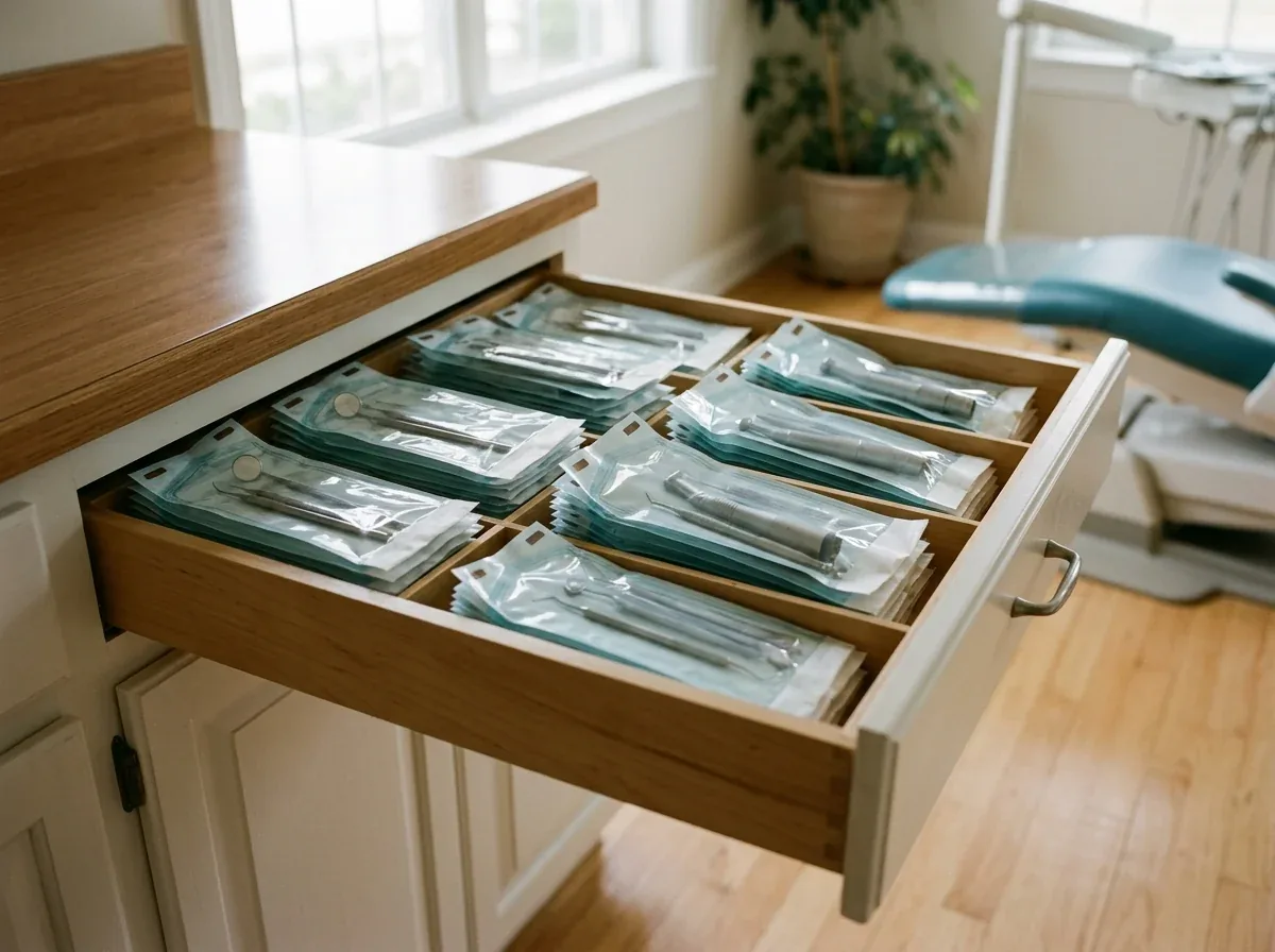 Dental instruments sealed in sterilization pouches inside an open cabinet drawer.