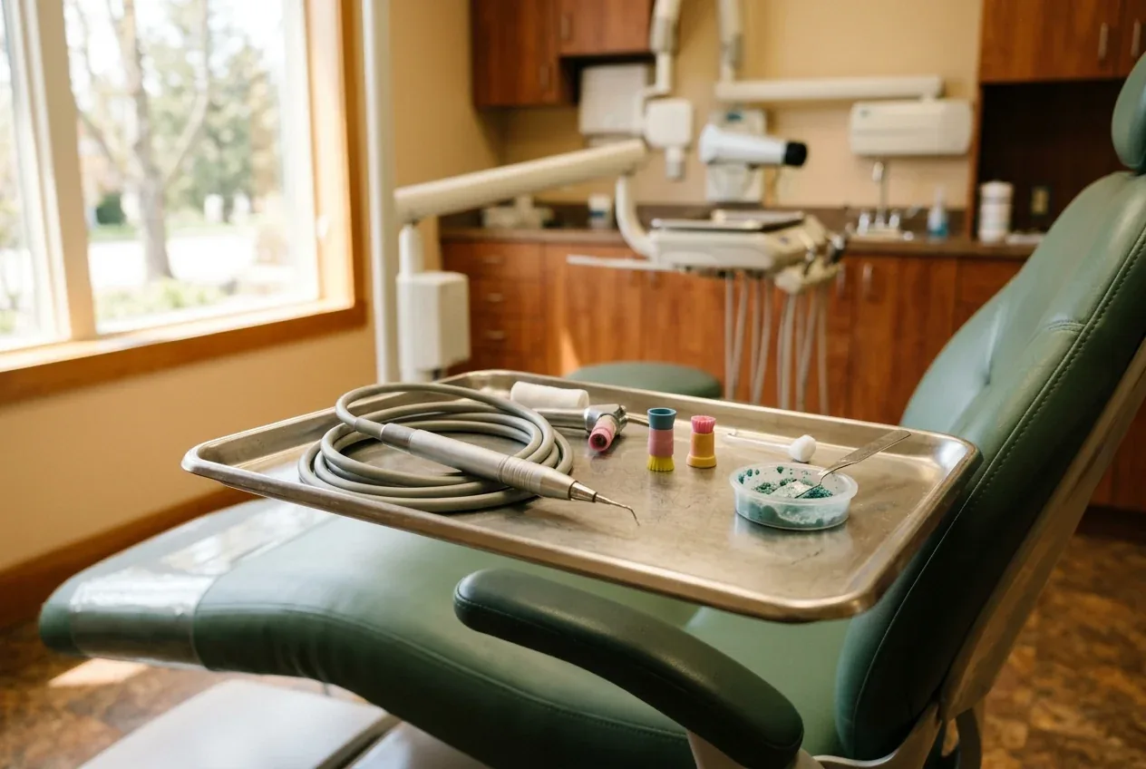Dental cleaning tools and polishing paste on a metal tray next to a green dental chair.