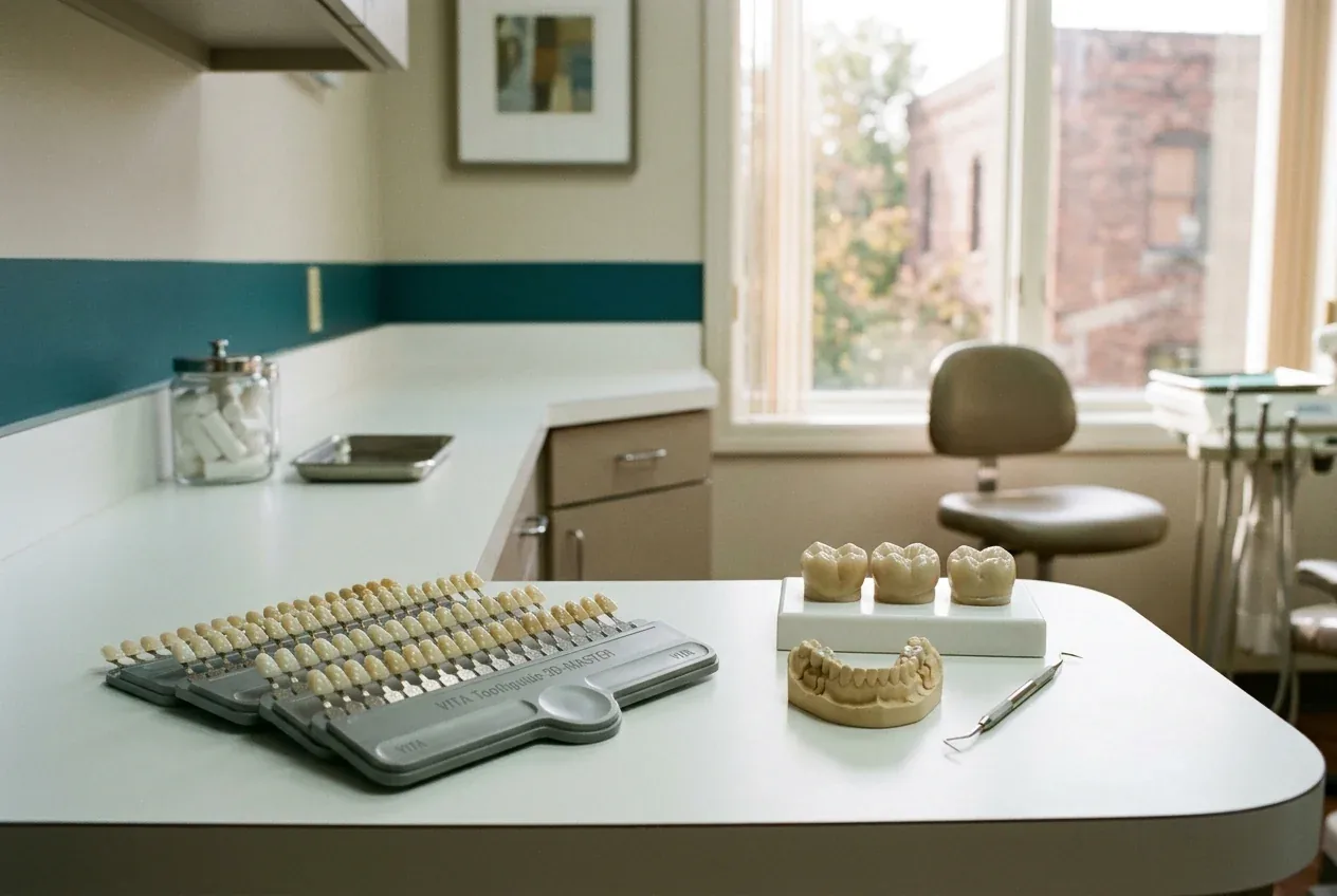 Tooth shade guide, dental models, and an instrument on a counter in a dental treatment room.