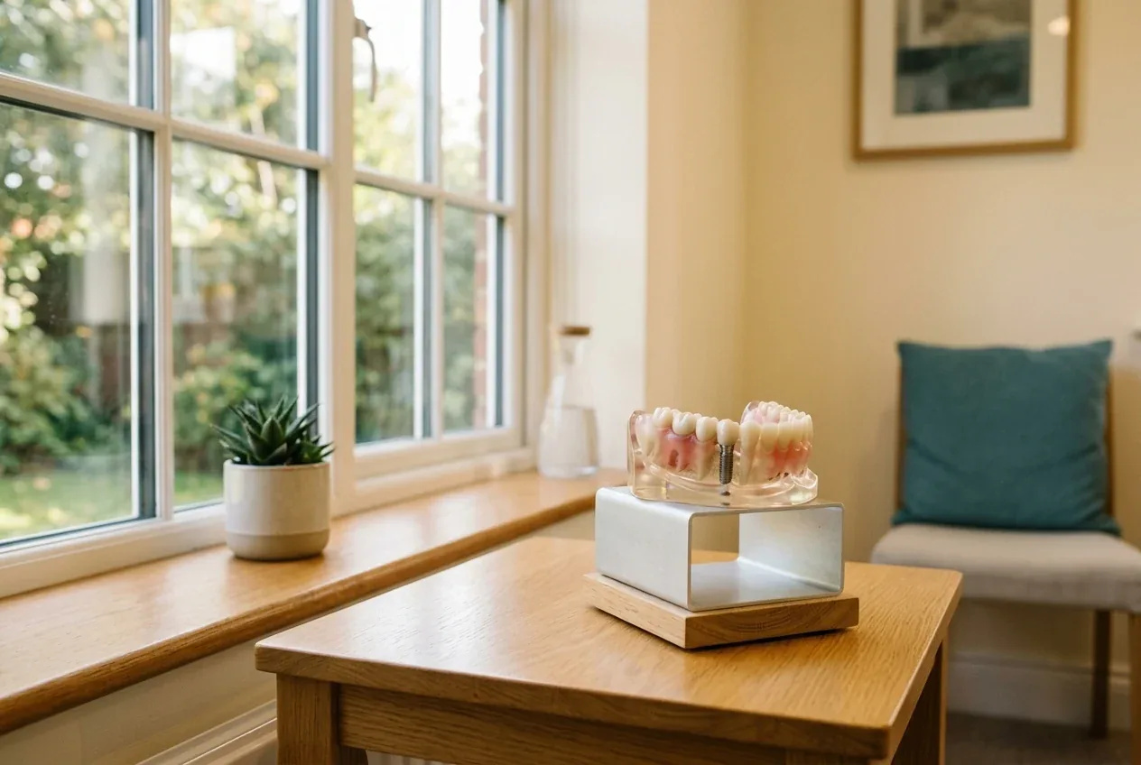 Dental implant model displayed on a small stand on a wooden side table next to a window.