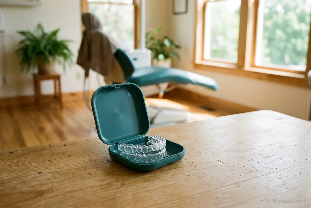 Clear dental aligners in an open green case on a wooden table, with a dental chair in the background.