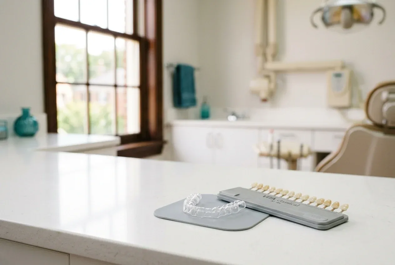 Clear aligner and tooth shade guide on a white countertop in a dental treatment room.