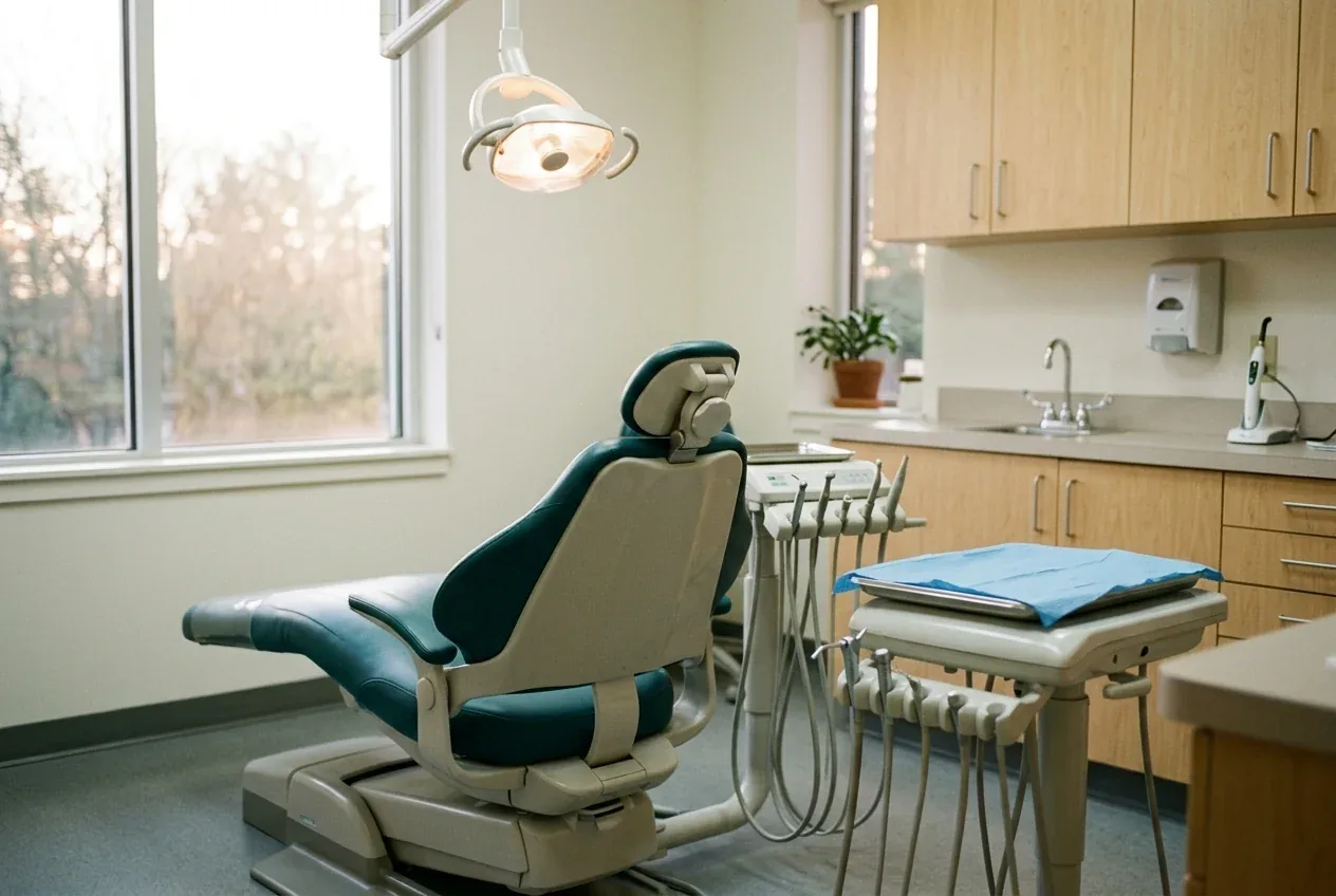 Dental examination chair and medical equipment in a treatment room with wooden cabinets and a large window.