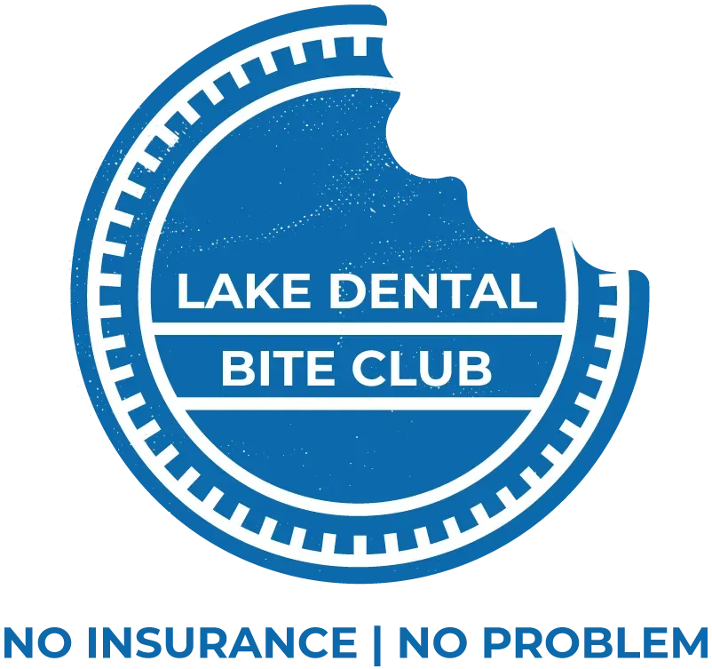 Lake Dental Bite Club logo inside a bitten blue circle above the text "No Insurance | No Problem".